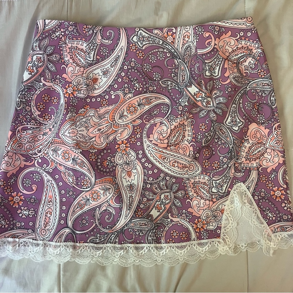 Shein purple parsley print lace trim skirt